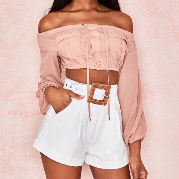 NWT House of CB Iris Blush Cropped Off Shoulder Top Large - Picture 1 of 11